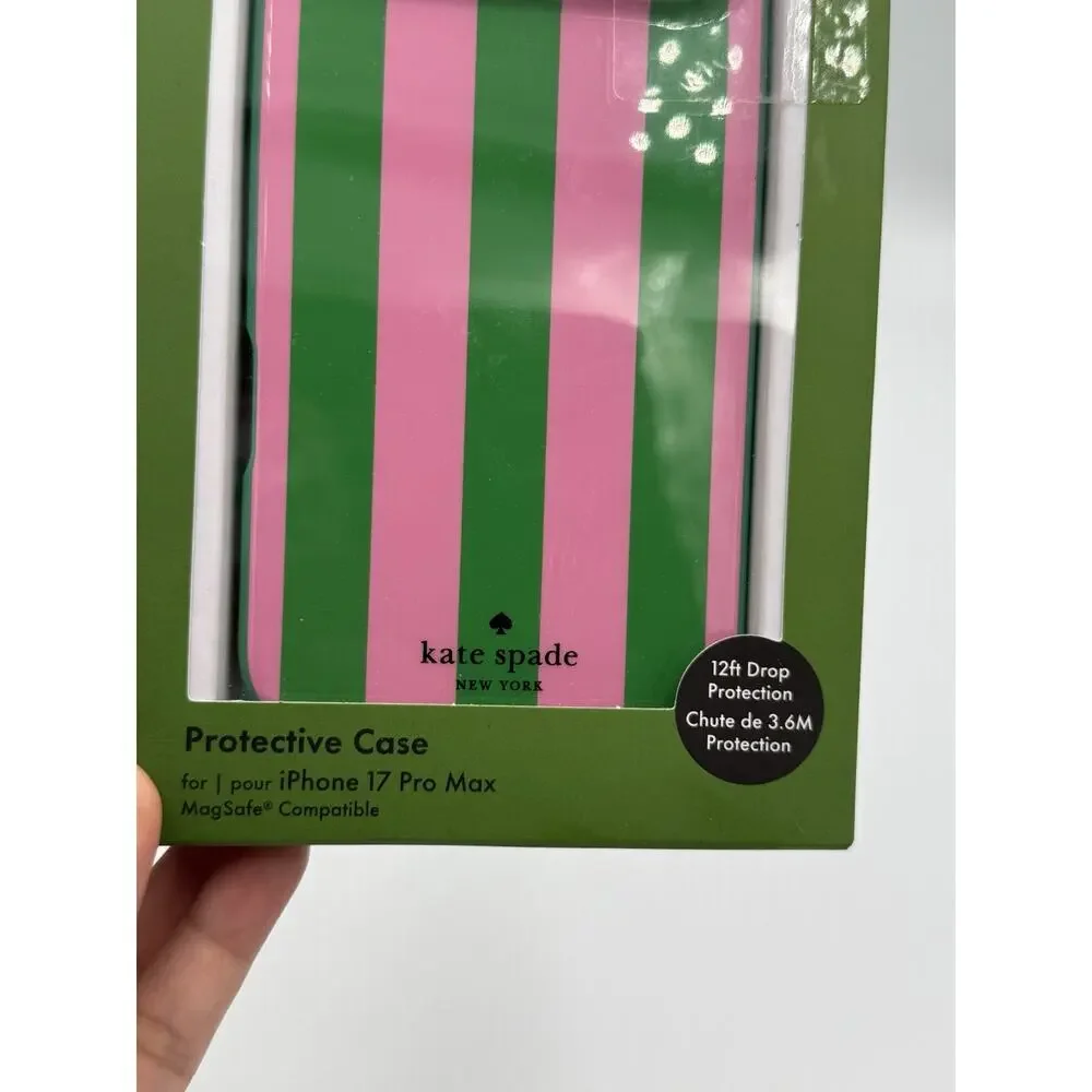 Kate Spade iPhone 17 Pro Max Protective Striped Case MagSafe Green Pink NIB